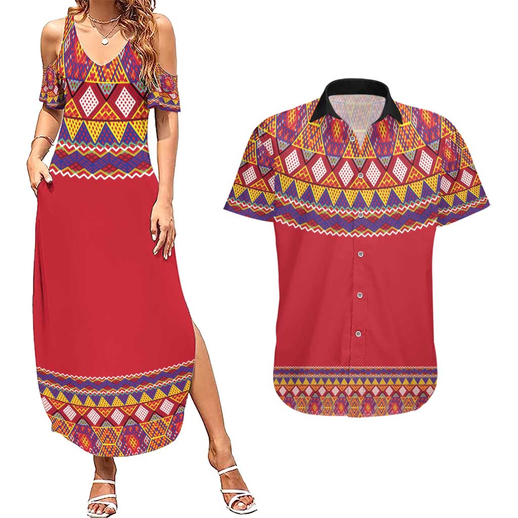 Greenland National Costumes Couples Matching Summer Maxi Dress and Hawaiian Shirt Inuit Kalaallisuut style
