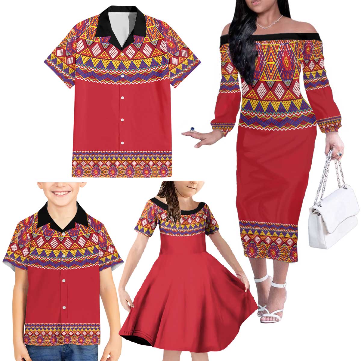 Greenland National Costumes Family Matching Off The Shoulder Long Sleeve Dress and Hawaiian Shirt Inuit Kalaallisuut style