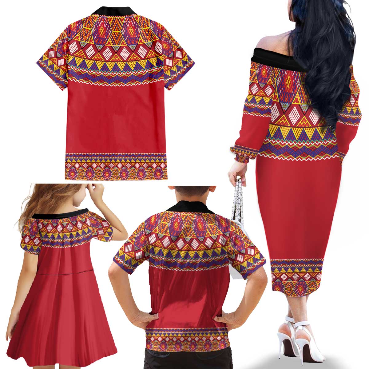 Greenland National Costumes Family Matching Off The Shoulder Long Sleeve Dress and Hawaiian Shirt Inuit Kalaallisuut style