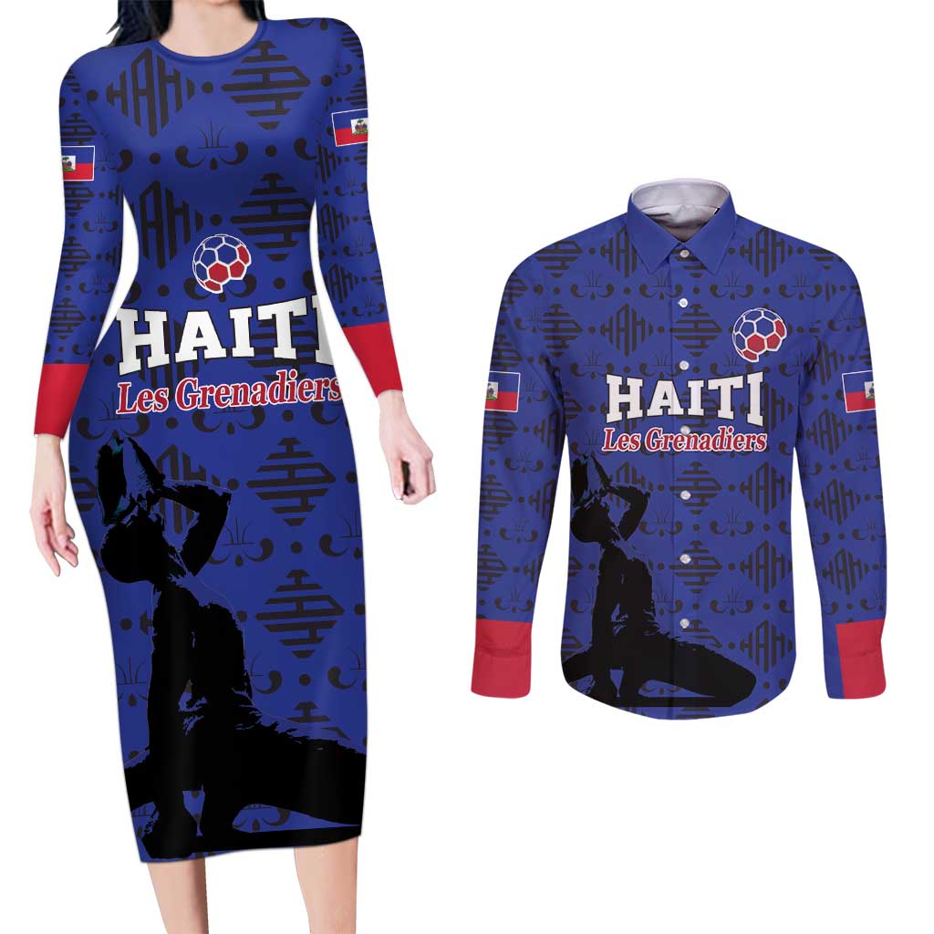 Custom Haiti Football Couples Matching Long Sleeve Bodycon Dress and Long Sleeve Button Shirt Come on Les Grenadiers Blue Style