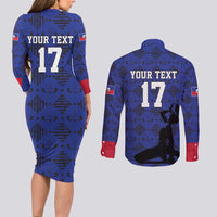 Custom Haiti Football Couples Matching Long Sleeve Bodycon Dress and Long Sleeve Button Shirt Come on Les Grenadiers Blue Style