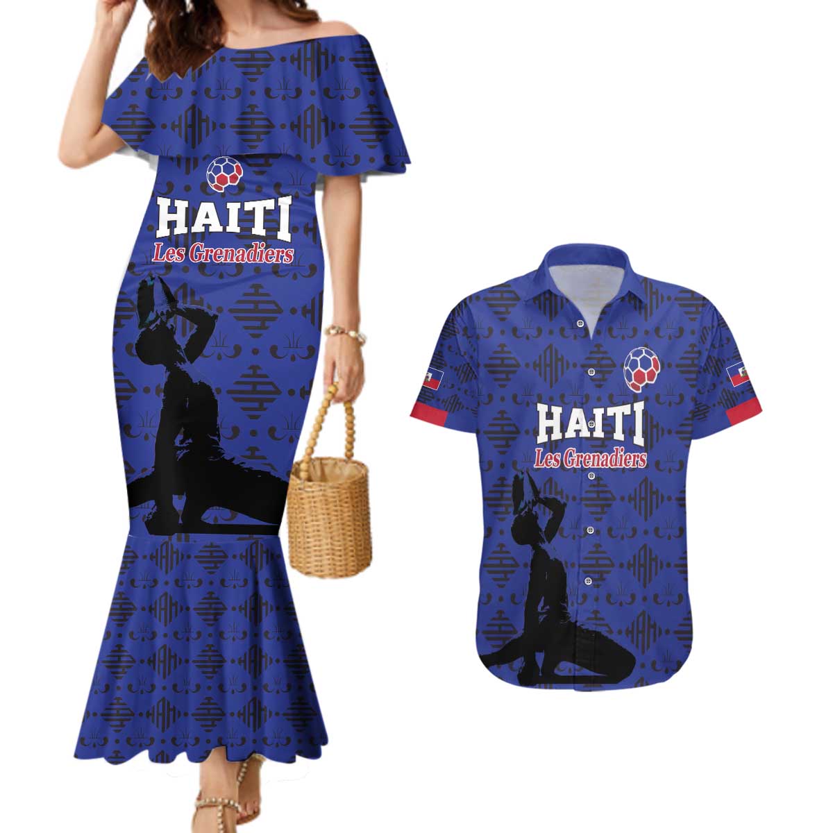 Custom Haiti Football Couples Matching Mermaid Dress and Hawaiian Shirt Come on Les Grenadiers Blue Style