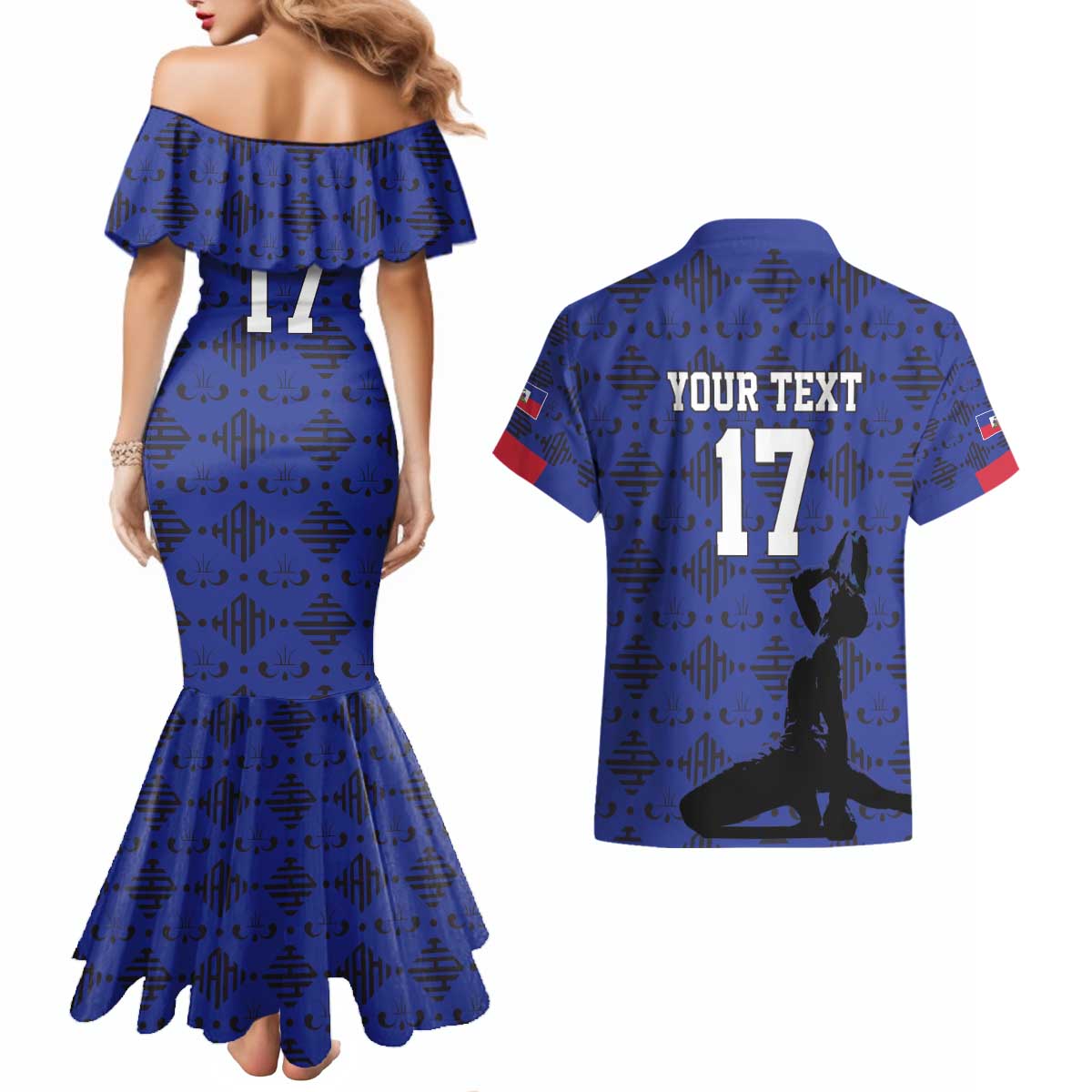 Custom Haiti Football Couples Matching Mermaid Dress and Hawaiian Shirt Come on Les Grenadiers Blue Style