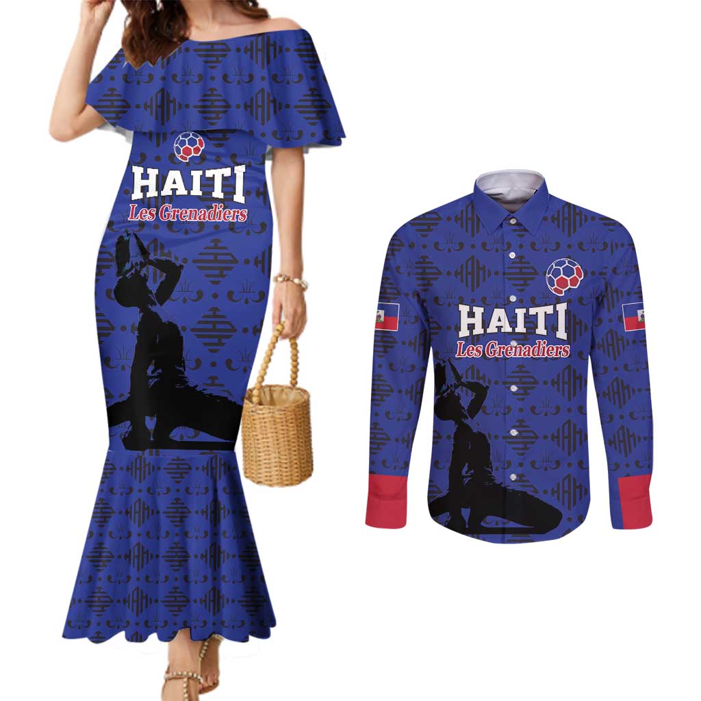 Custom Haiti Football Couples Matching Mermaid Dress and Long Sleeve Button Shirt Come on Les Grenadiers Blue Style
