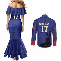 Custom Haiti Football Couples Matching Mermaid Dress and Long Sleeve Button Shirt Come on Les Grenadiers Blue Style