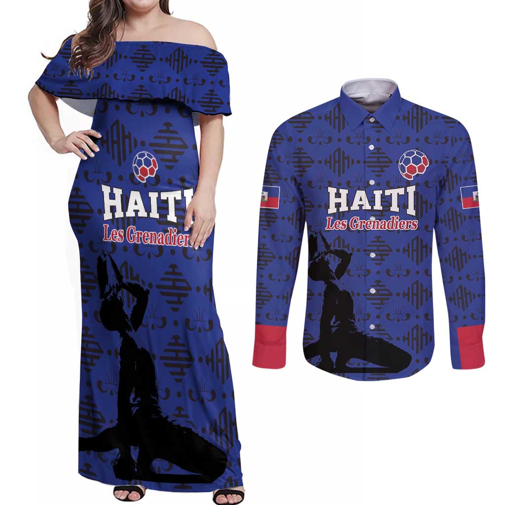 Custom Haiti Football Couples Matching Off Shoulder Maxi Dress and Long Sleeve Button Shirt Come on Les Grenadiers Blue Style