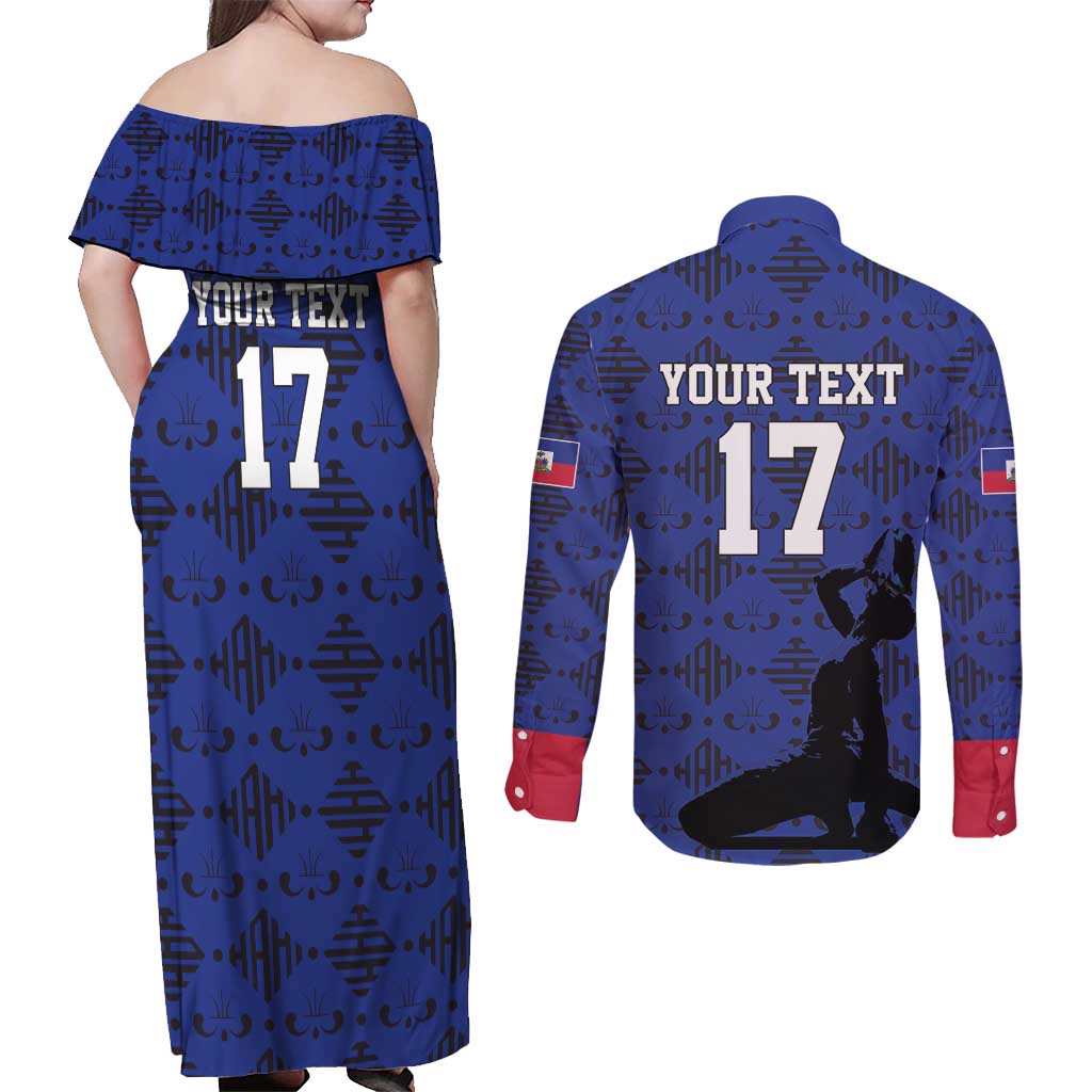 Custom Haiti Football Couples Matching Off Shoulder Maxi Dress and Long Sleeve Button Shirt Come on Les Grenadiers Blue Style