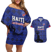 Custom Haiti Football Couples Matching Off Shoulder Short Dress and Hawaiian Shirt Come on Les Grenadiers Blue Style