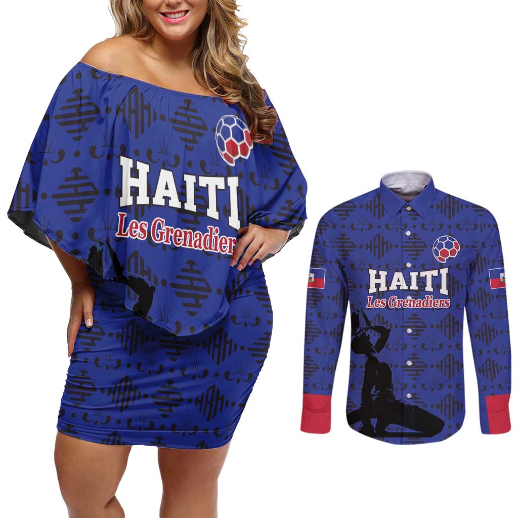 Custom Haiti Football Couples Matching Off Shoulder Short Dress and Long Sleeve Button Shirt Come on Les Grenadiers Blue Style