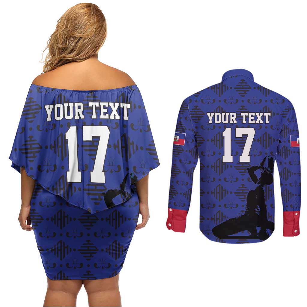 Custom Haiti Football Couples Matching Off Shoulder Short Dress and Long Sleeve Button Shirt Come on Les Grenadiers Blue Style