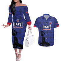 Custom Haiti Football Couples Matching Off The Shoulder Long Sleeve Dress and Hawaiian Shirt Come on Les Grenadiers Blue Style