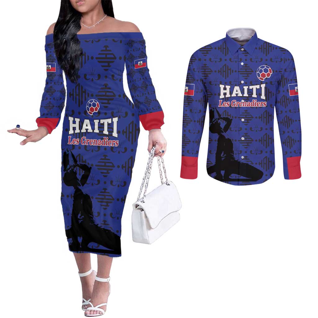 Custom Haiti Football Couples Matching Off The Shoulder Long Sleeve Dress and Long Sleeve Button Shirt Come on Les Grenadiers Blue Style
