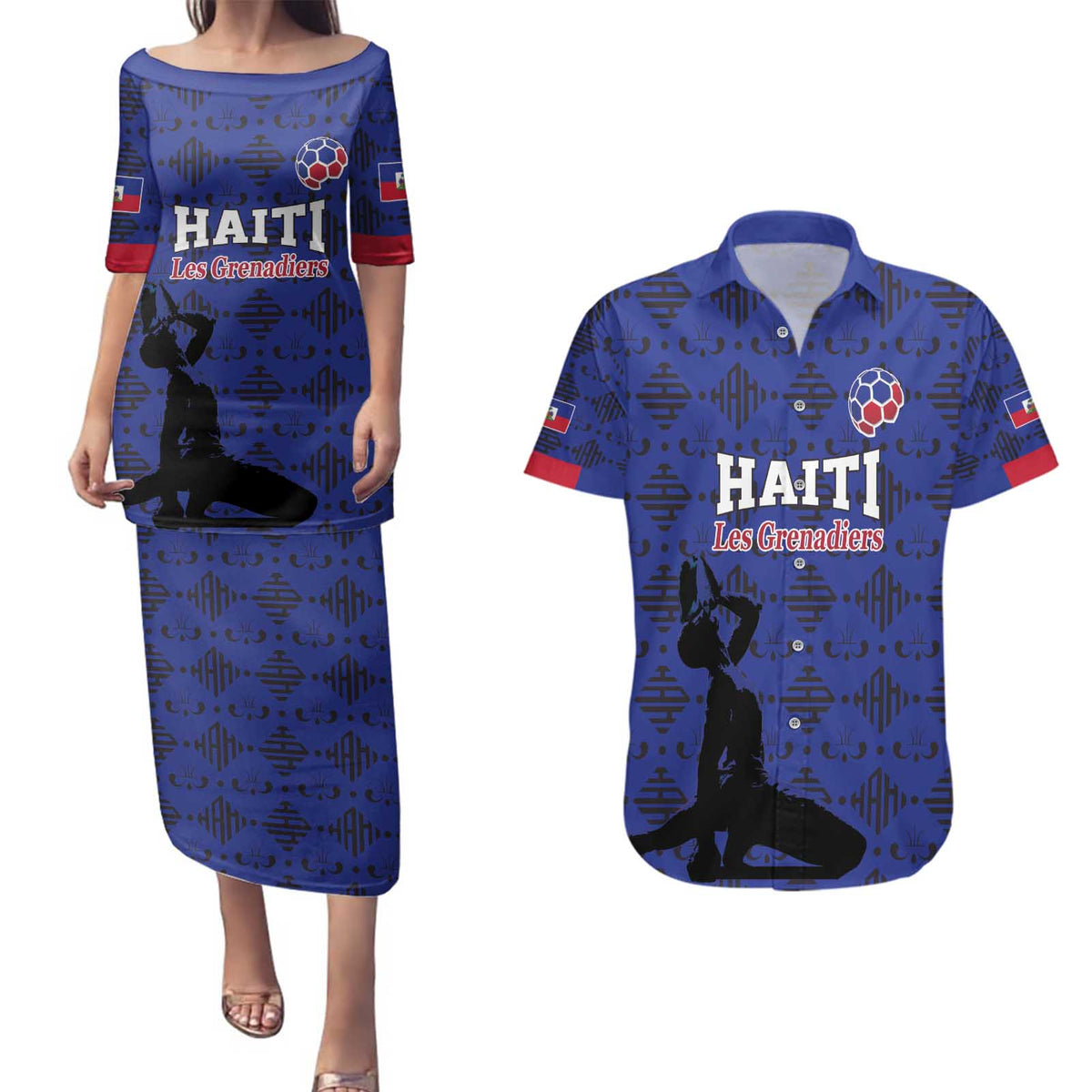 Custom Haiti Football Couples Matching Puletasi and Hawaiian Shirt Come on Les Grenadiers Blue Style