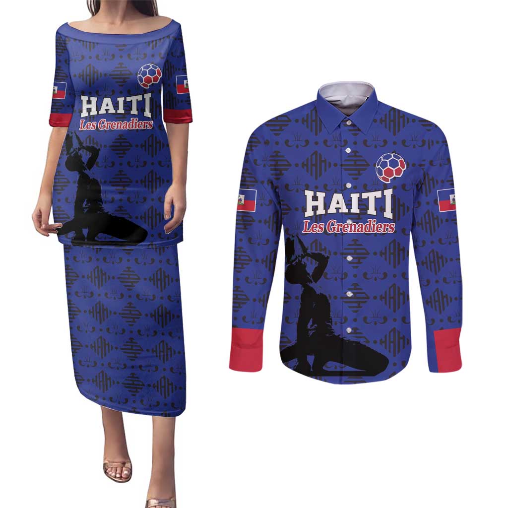 Custom Haiti Football Couples Matching Puletasi and Long Sleeve Button Shirt Come on Les Grenadiers Blue Style