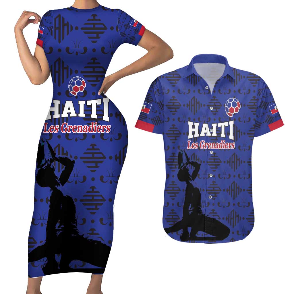 Custom Haiti Football Couples Matching Short Sleeve Bodycon Dress and Hawaiian Shirt Come on Les Grenadiers Blue Style