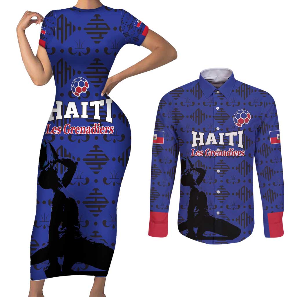 Custom Haiti Football Couples Matching Short Sleeve Bodycon Dress and Long Sleeve Button Shirt Come on Les Grenadiers Blue Style