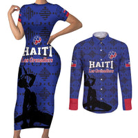 Custom Haiti Football Couples Matching Short Sleeve Bodycon Dress and Long Sleeve Button Shirt Come on Les Grenadiers Blue Style