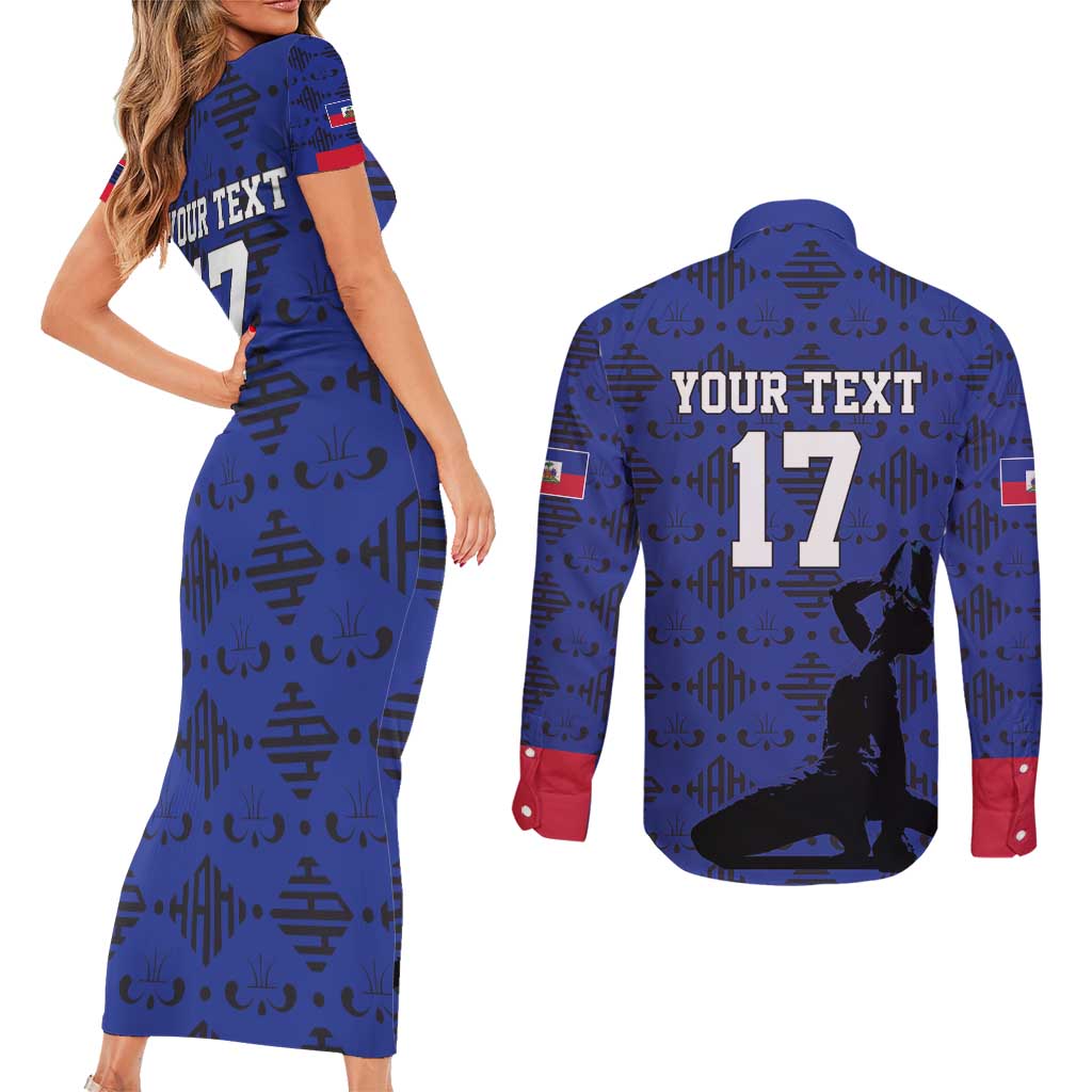 Custom Haiti Football Couples Matching Short Sleeve Bodycon Dress and Long Sleeve Button Shirt Come on Les Grenadiers Blue Style