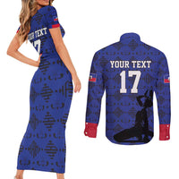 Custom Haiti Football Couples Matching Short Sleeve Bodycon Dress and Long Sleeve Button Shirt Come on Les Grenadiers Blue Style