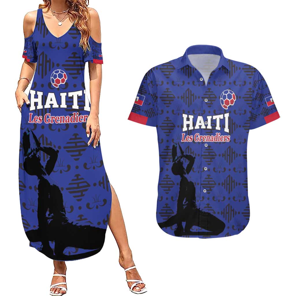 Custom Haiti Football Couples Matching Summer Maxi Dress and Hawaiian Shirt Come on Les Grenadiers Blue Style