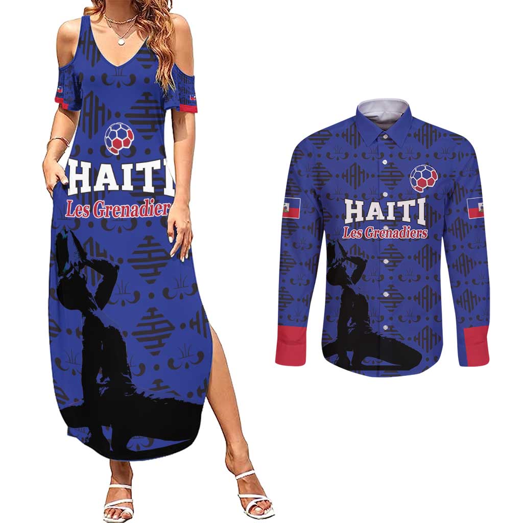 Custom Haiti Football Couples Matching Summer Maxi Dress and Long Sleeve Button Shirt Come on Les Grenadiers Blue Style