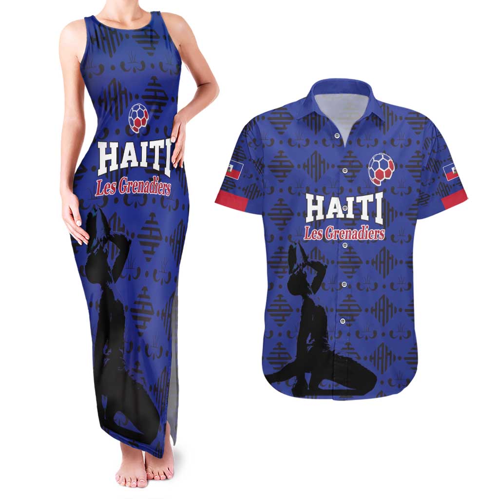 Custom Haiti Football Couples Matching Tank Maxi Dress and Hawaiian Shirt Come on Les Grenadiers Blue Style