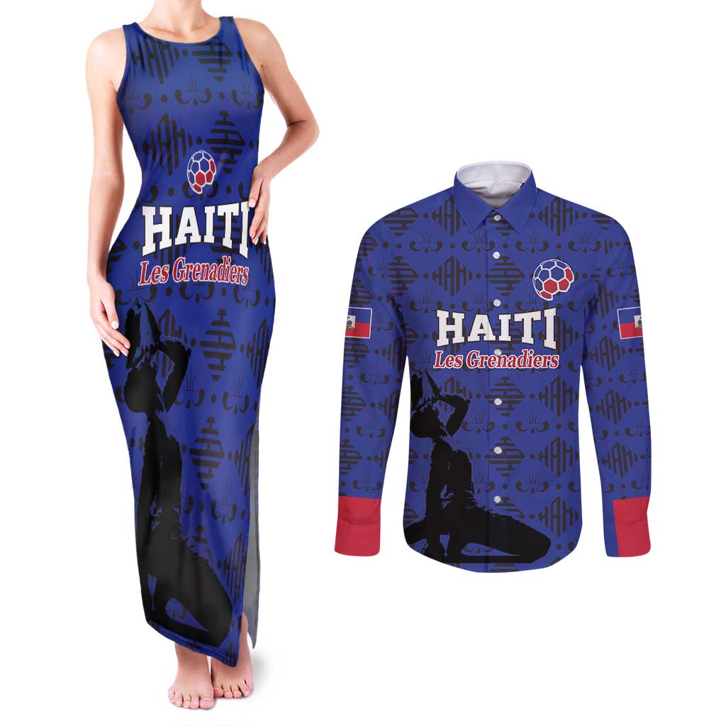 Custom Haiti Football Couples Matching Tank Maxi Dress and Long Sleeve Button Shirt Come on Les Grenadiers Blue Style