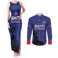 Custom Haiti Football Couples Matching Tank Maxi Dress and Long Sleeve Button Shirt Come on Les Grenadiers Blue Style