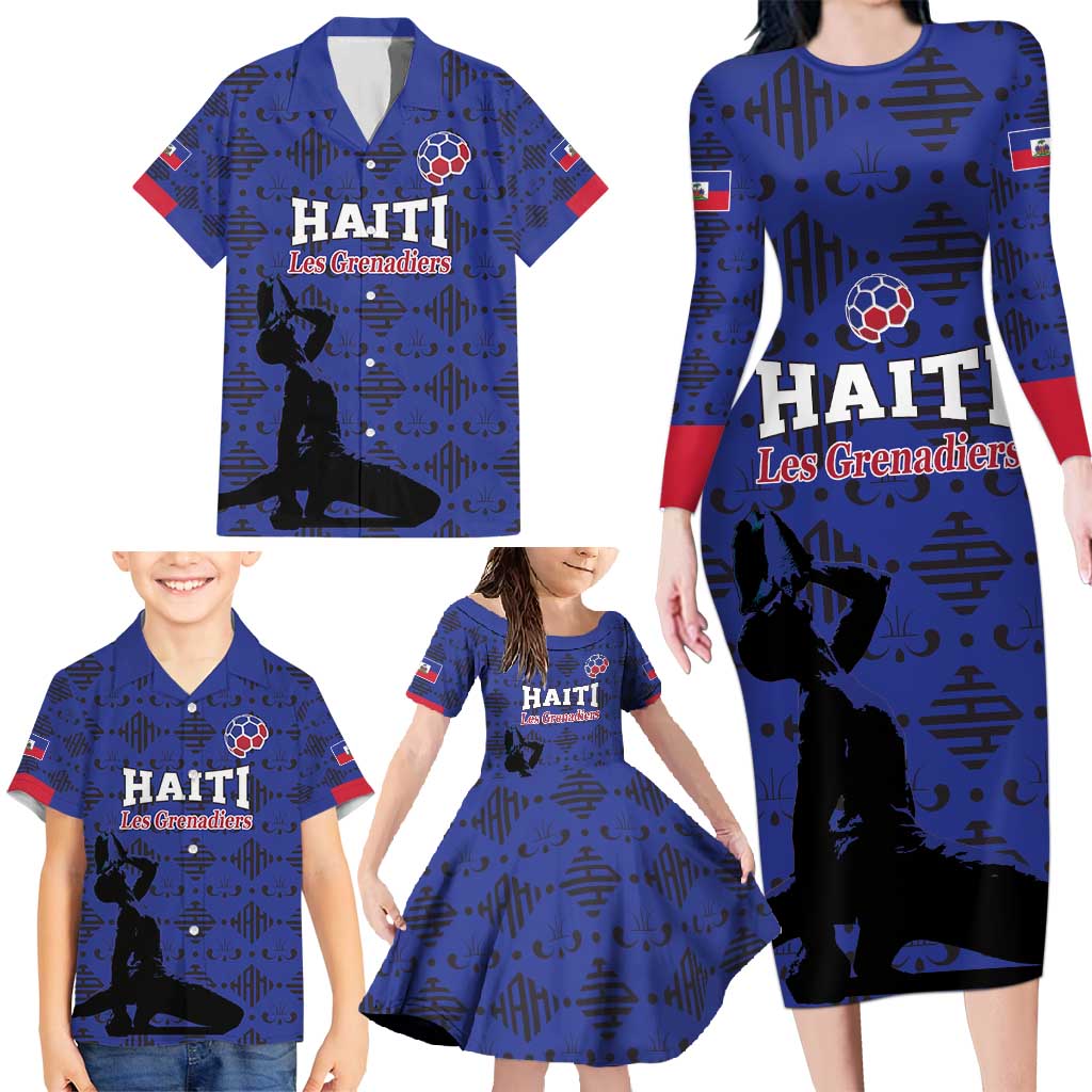 Custom Haiti Football Family Matching Long Sleeve Bodycon Dress and Hawaiian Shirt Come on Les Grenadiers Blue Style