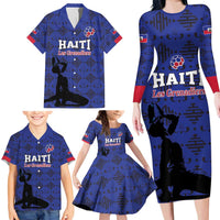 Custom Haiti Football Family Matching Long Sleeve Bodycon Dress and Hawaiian Shirt Come on Les Grenadiers Blue Style