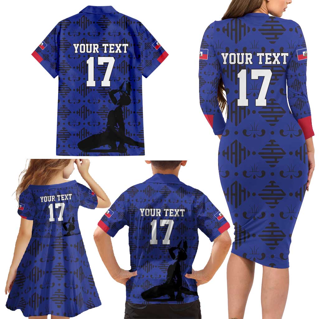 Custom Haiti Football Family Matching Long Sleeve Bodycon Dress and Hawaiian Shirt Come on Les Grenadiers Blue Style