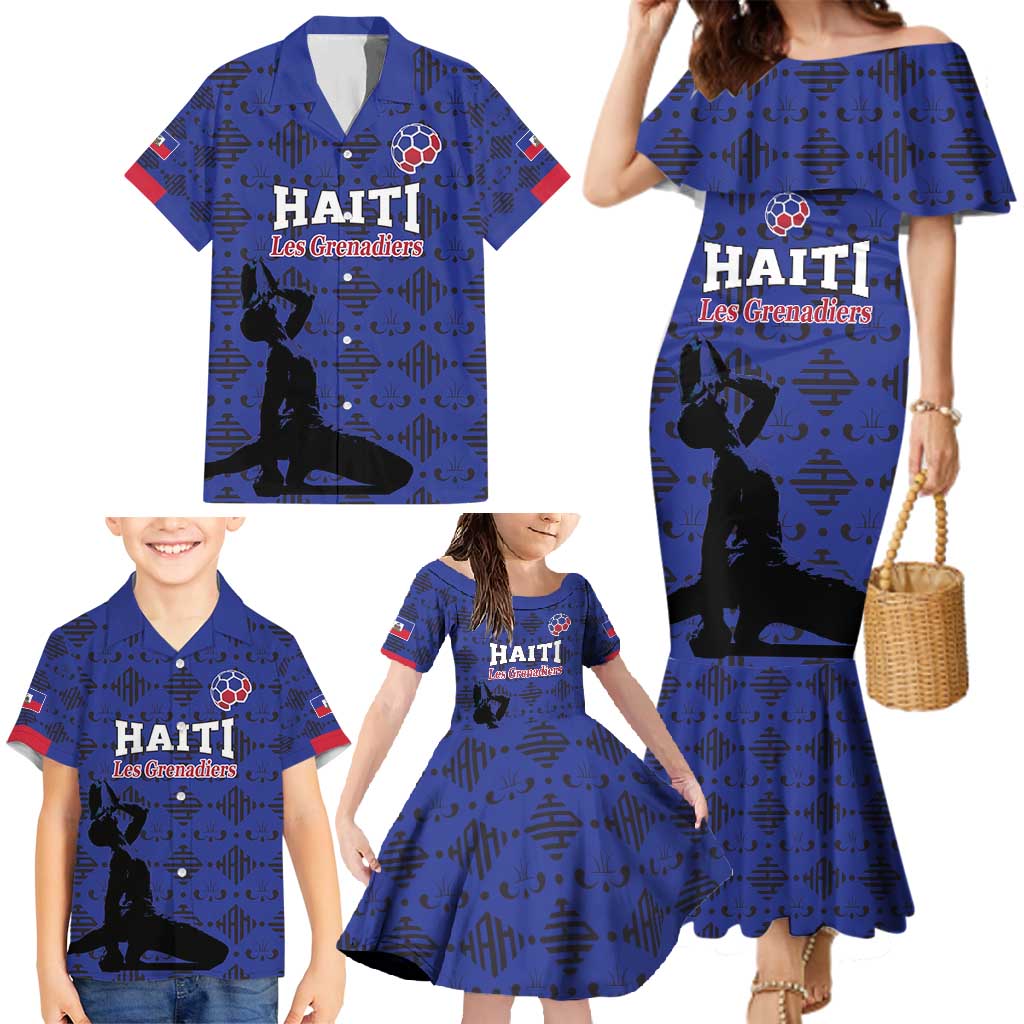 Custom Haiti Football Family Matching Mermaid Dress and Hawaiian Shirt Come on Les Grenadiers Blue Style