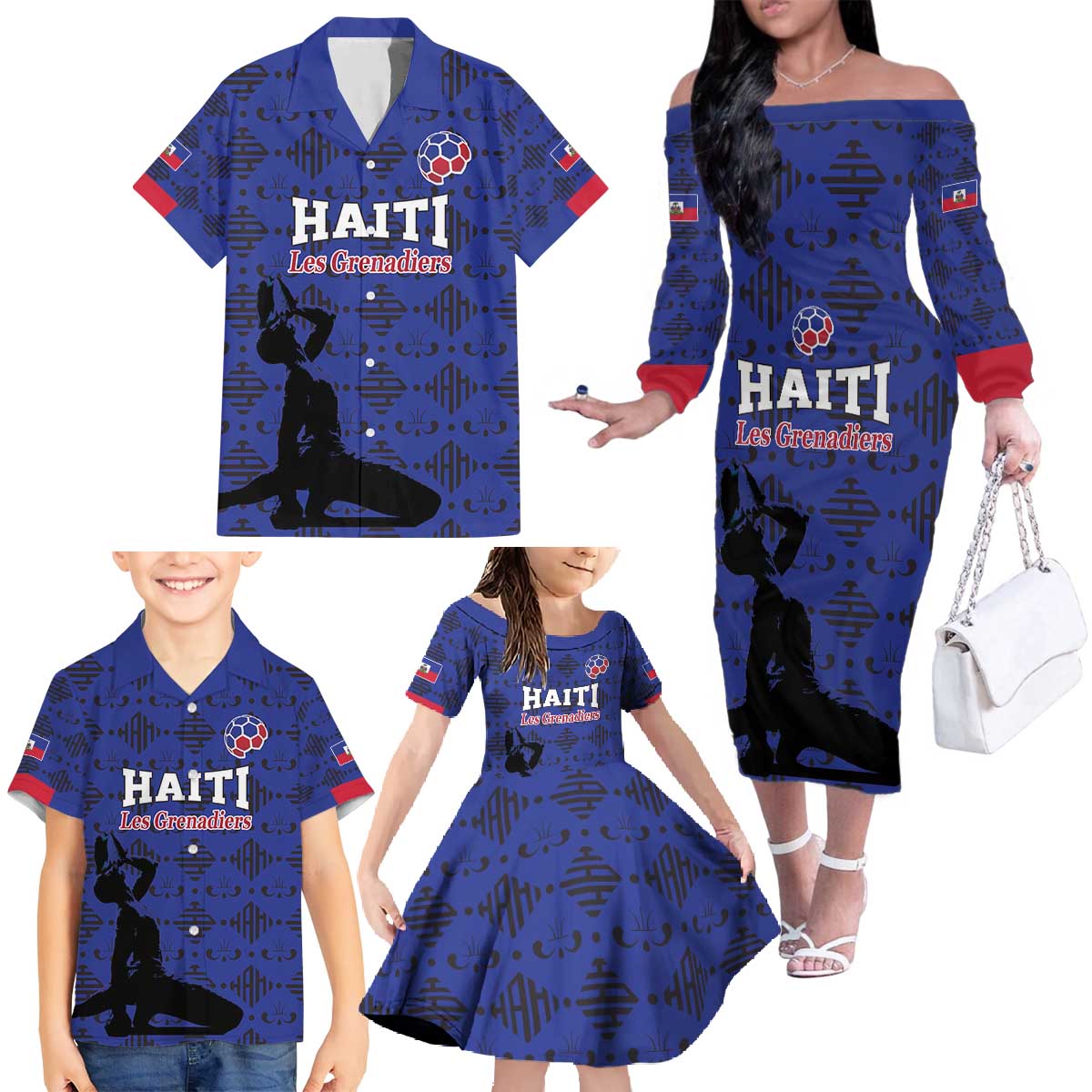 Custom Haiti Football Family Matching Off The Shoulder Long Sleeve Dress and Hawaiian Shirt Come on Les Grenadiers Blue Style