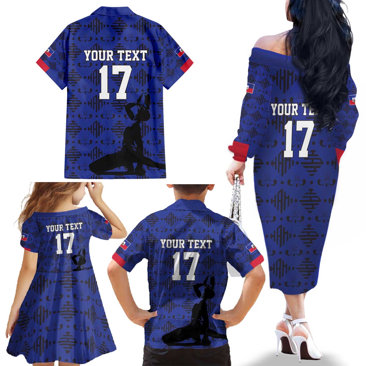 Custom Haiti Football Family Matching Off The Shoulder Long Sleeve Dress and Hawaiian Shirt Come on Les Grenadiers Blue Style