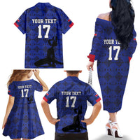Custom Haiti Football Family Matching Off The Shoulder Long Sleeve Dress and Hawaiian Shirt Come on Les Grenadiers Blue Style