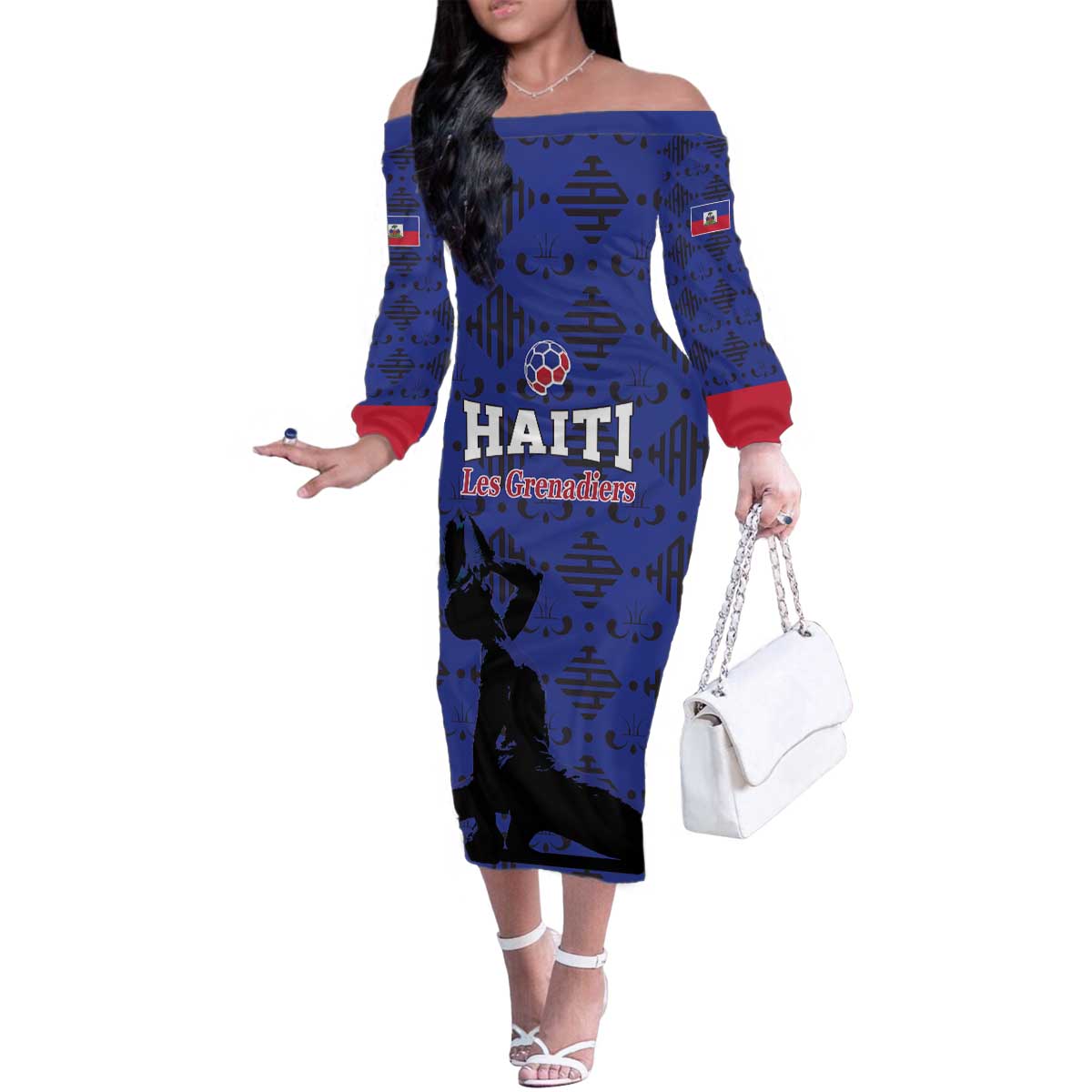 Custom Haiti Football Family Matching Off The Shoulder Long Sleeve Dress and Hawaiian Shirt Come on Les Grenadiers Blue Style