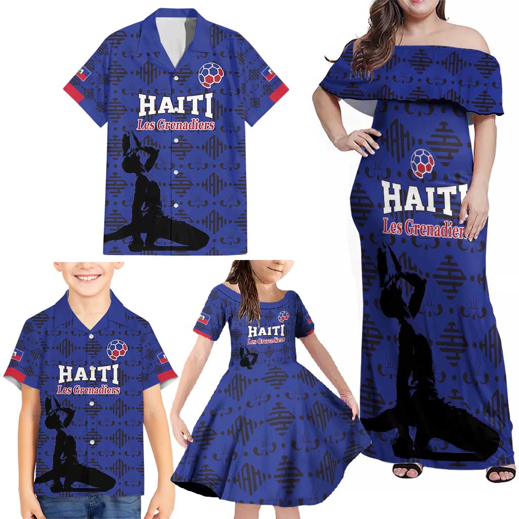 Custom Haiti Football Family Matching Off Shoulder Maxi Dress and Hawaiian Shirt Come on Les Grenadiers Blue Style