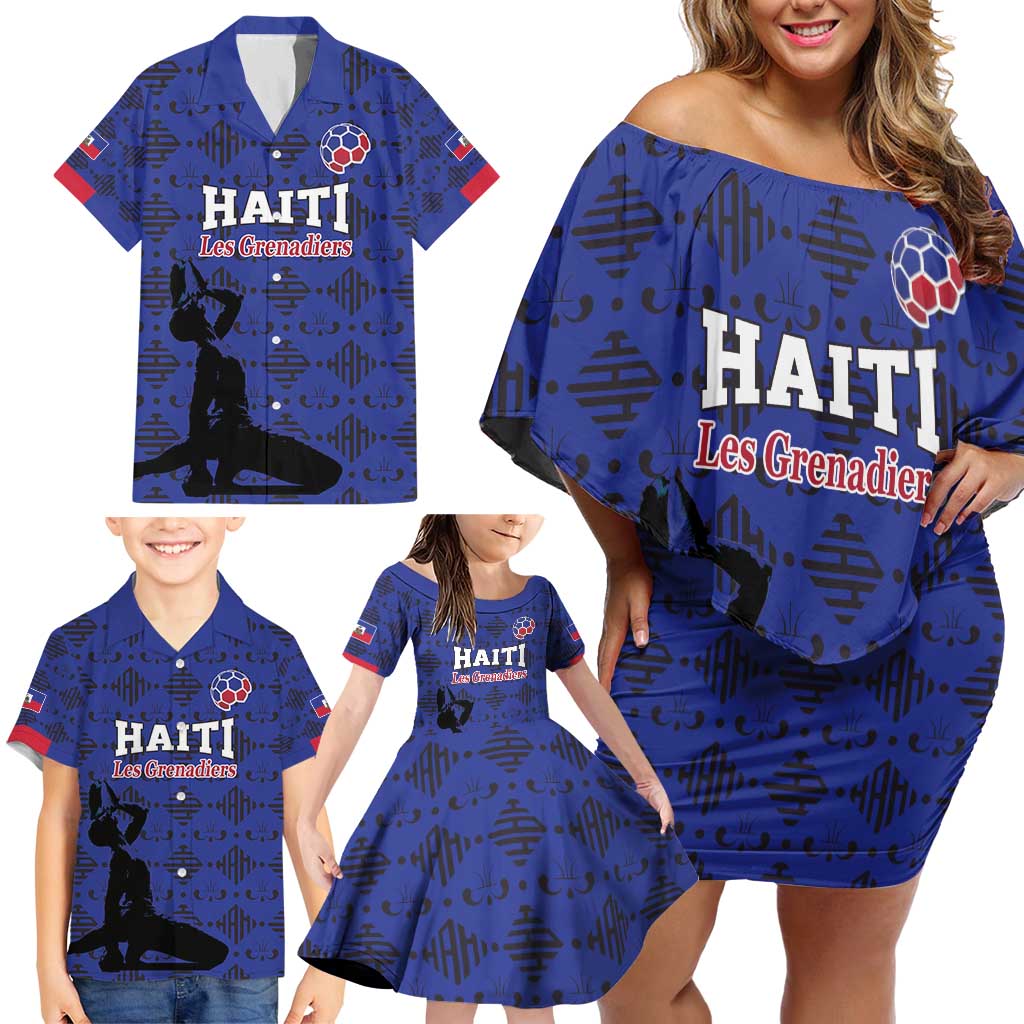 Custom Haiti Football Family Matching Off Shoulder Short Dress and Hawaiian Shirt Come on Les Grenadiers Blue Style