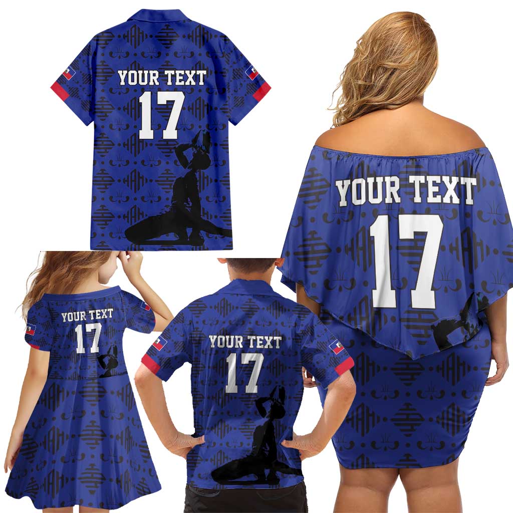 Custom Haiti Football Family Matching Off Shoulder Short Dress and Hawaiian Shirt Come on Les Grenadiers Blue Style