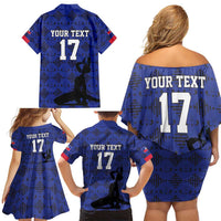 Custom Haiti Football Family Matching Off Shoulder Short Dress and Hawaiian Shirt Come on Les Grenadiers Blue Style