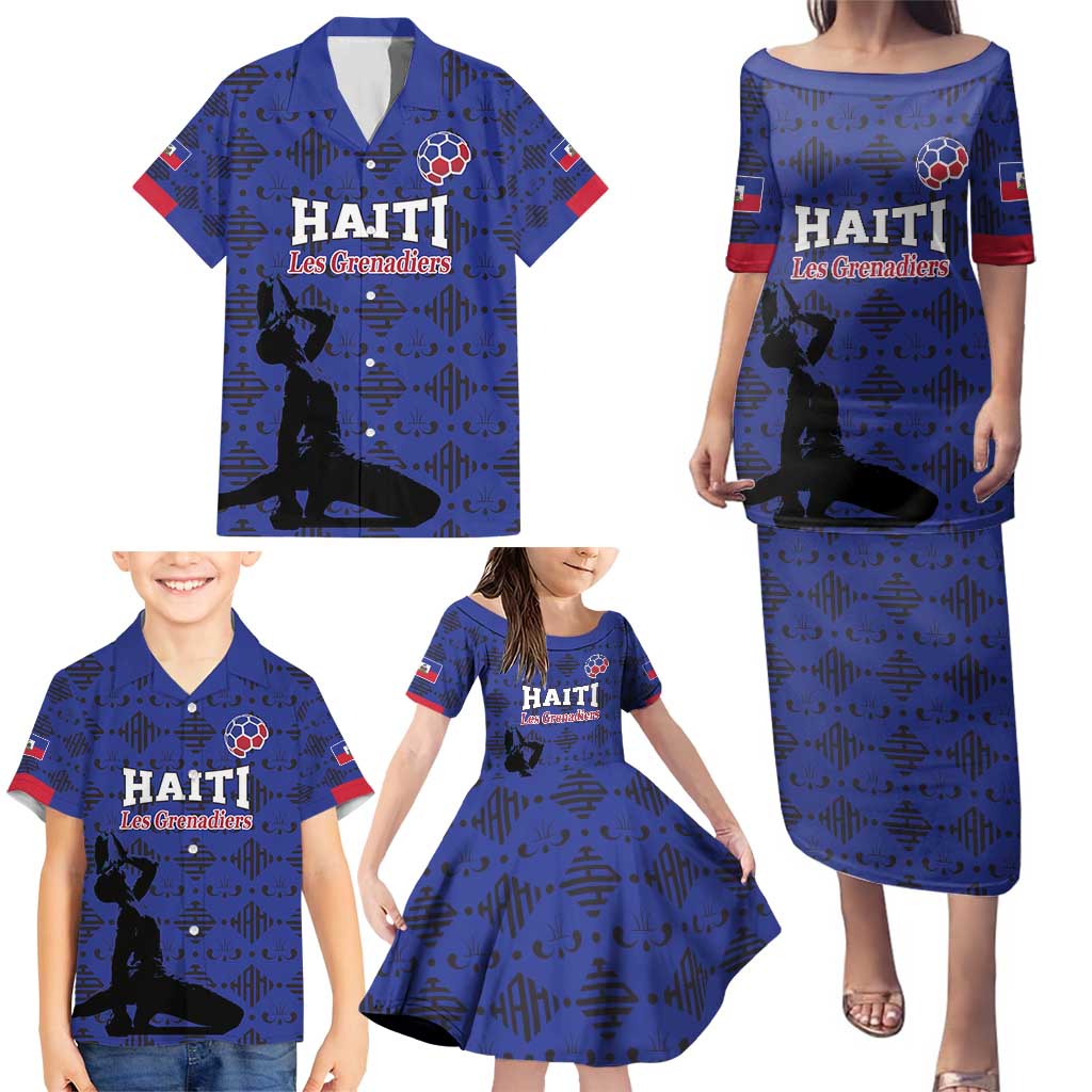 Custom Haiti Football Family Matching Puletasi and Hawaiian Shirt Come on Les Grenadiers Blue Style