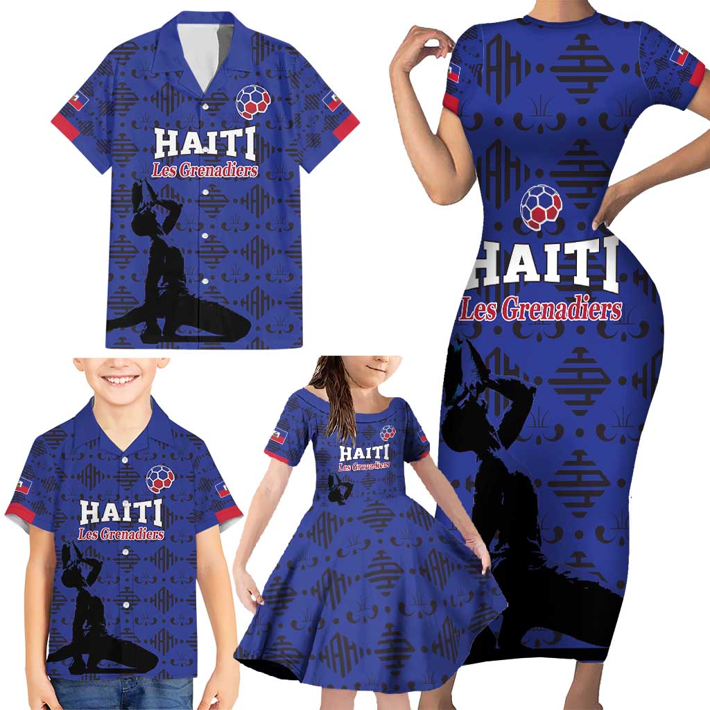 Custom Haiti Football Family Matching Short Sleeve Bodycon Dress and Hawaiian Shirt Come on Les Grenadiers Blue Style