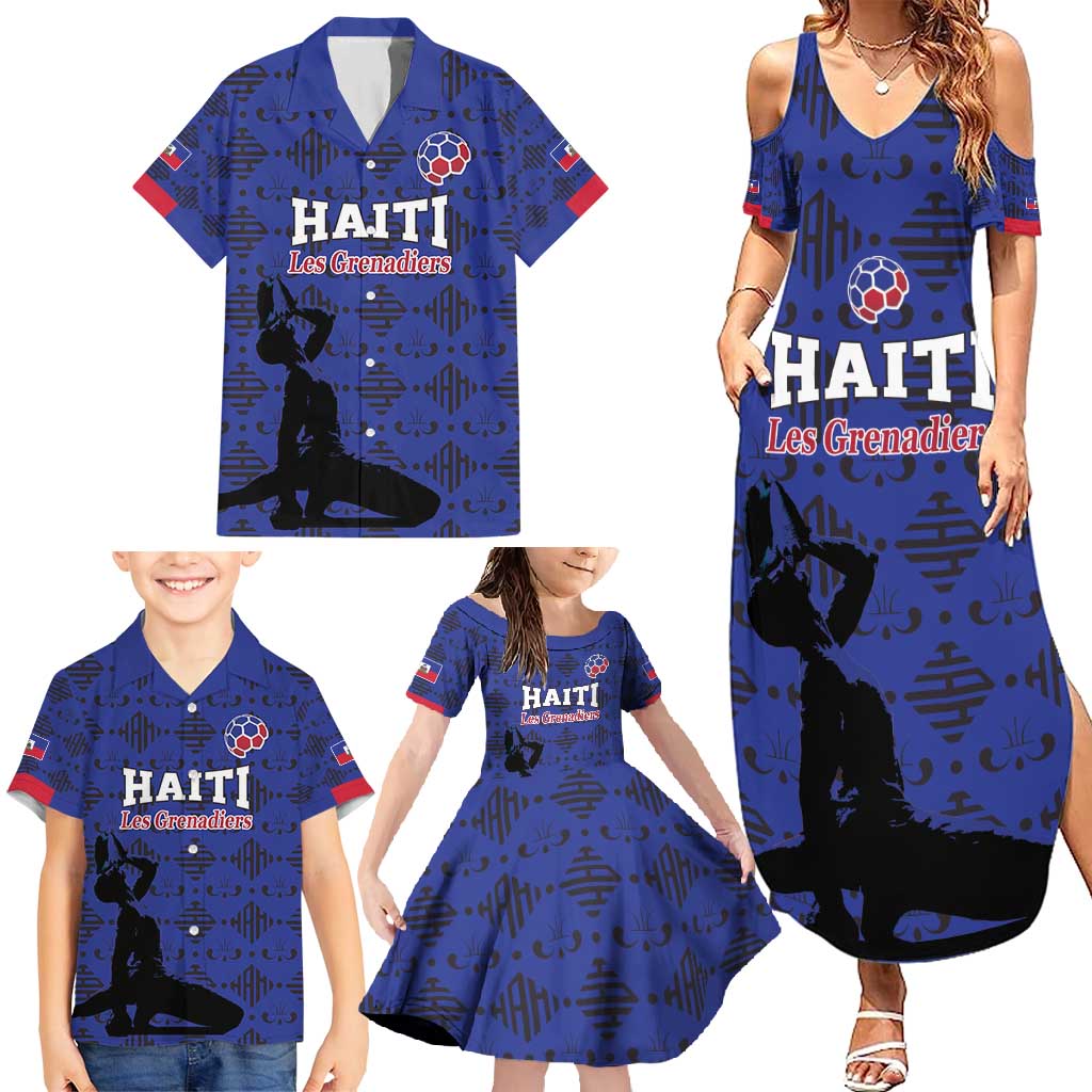 Custom Haiti Football Family Matching Summer Maxi Dress and Hawaiian Shirt Come on Les Grenadiers Blue Style