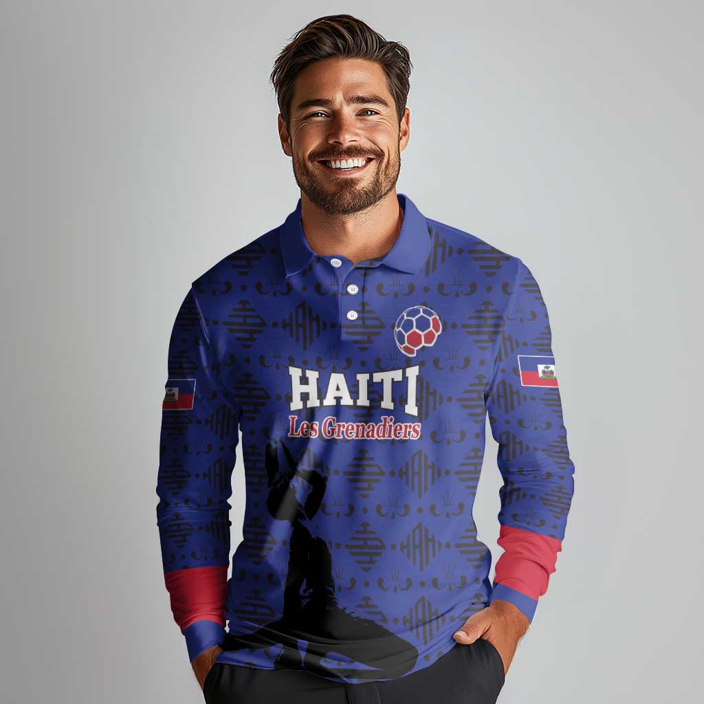 Custom Haiti Football Long Sleeve Polo Shirt Come on Les Grenadiers Blue Style