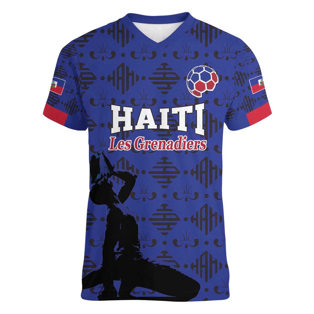 Custom Haiti Football Women V-Neck T-Shirt Come on Les Grenadiers Blue Style
