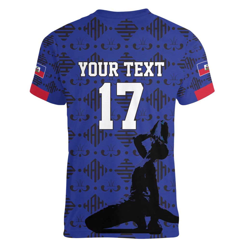 Custom Haiti Football Women V-Neck T-Shirt Come on Les Grenadiers Blue Style
