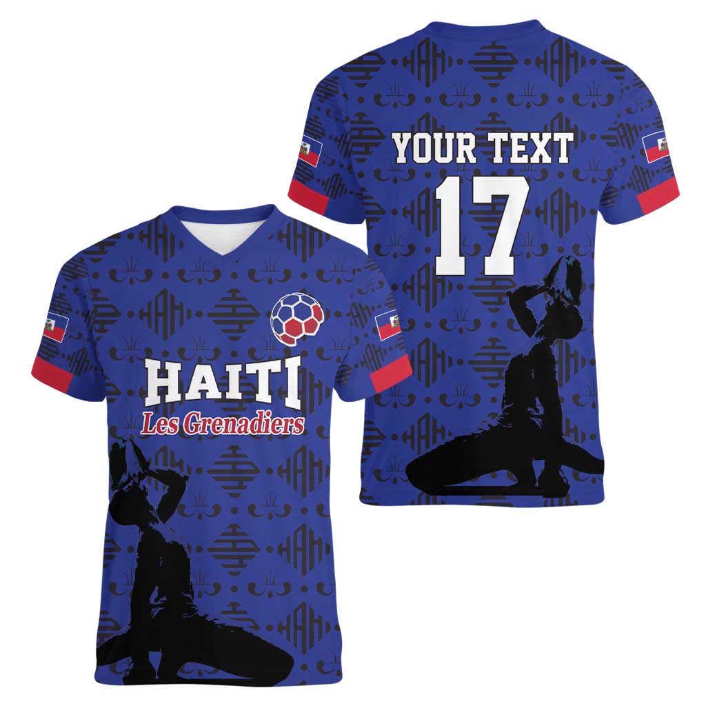 Custom Haiti Football Women V-Neck T-Shirt Come on Les Grenadiers Blue Style