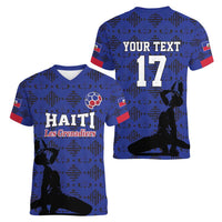 Custom Haiti Football Women V-Neck T-Shirt Come on Les Grenadiers Blue Style