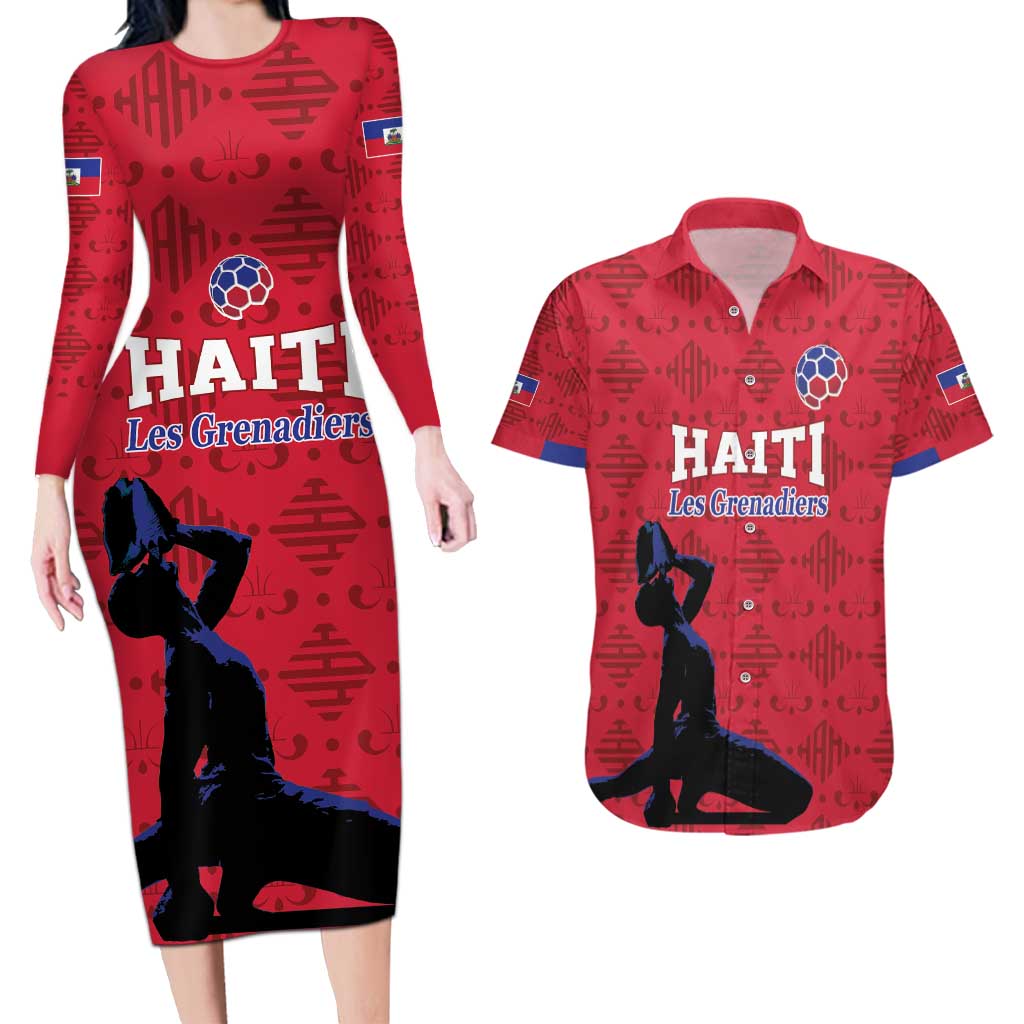 Custom Haiti Football Couples Matching Long Sleeve Bodycon Dress and Hawaiian Shirt Come on Les Grenadiers Red Style