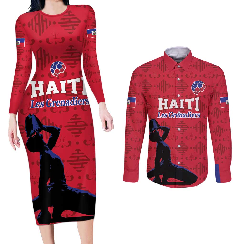 Custom Haiti Football Couples Matching Long Sleeve Bodycon Dress and Long Sleeve Button Shirt Come on Les Grenadiers Red Style